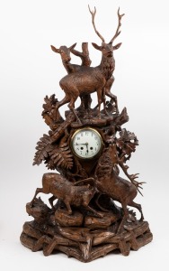 454 · BLACK FOREST antique timber clock case with carved deer and stag decoration, housing a later clock movement, 19th and 20th century, Note: several losses and condition issues, ​​​​​​​102cm high.