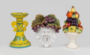 Italian ceramic fruit ornament, facemask and candlestick, 20th century, (3 items), 21cm high.