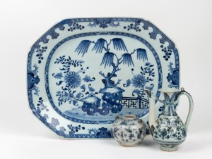 254 · A Ming Dynasty porcelain pot (A/F), a Chinese blue and white porcelain water pot in the Yuan style (unknown age), together with an antique Chinese export ware blue and white porcelain meat platter (A/F), 18th/19th century, (3 items), the platter 46cm wide.