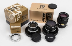 NIPPON KOGAKU: Group of three 1980s lenses, comprising Nikkor-S Auto 35mm f2.8 lens (with front cap, presentation case, and maker's box), Nikkor 105mm f2.5 (with front and rear caps and maker's box), and Nikkor 28mm f3.5 (with Nikkor L39 lens filter, fron