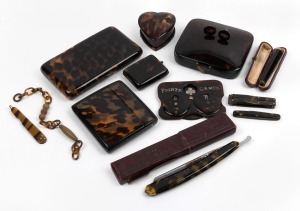 Assorted tortoise shell boxes, vesta, cigarette cases, cutthroat razor, penknives, games counter, cufflinks, section of chain and cigarette holder with rose gold mount, 19th/20th century, (qty)
