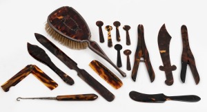 Assorted tortoise shell letter openers, glove stretchers, spoons, lace hook, combs and silver mounted brush, mixed vintages, 19th/20th century, (16 items), the largest 24cm long.