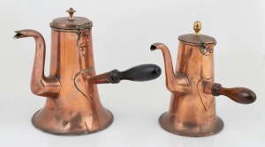 Two antique English copper coffee pots with turned timber handles, early 19th century, ​​​​​​​22cm and 24cm high.