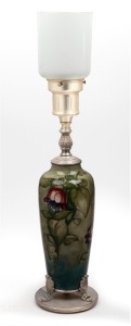 MOORCROFT floral pattern pottery lamp base with silver plated fittings mounts, 55cm high overall.