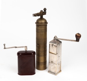 Three antique and vintage coffee grinders, brass, nickel plate and bakelite, 19th and early 20th century, ​​​​​​​the largest 29cm high.