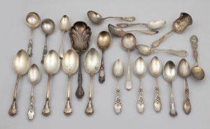 94 · Twenty two assorted sterling silver spoons, mostly American, 19th/20th century, ​​​​​​​626 grams total.
