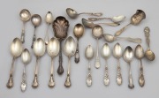 Twenty two assorted sterling silver spoons, mostly American, 19th/20th century, ​​​​​​​626 grams total.