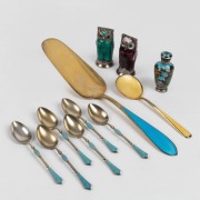 Assorted Scandinavian silver and enamel condiments, spoons and cake slice, 20th century, (11 items), 195 grams total.