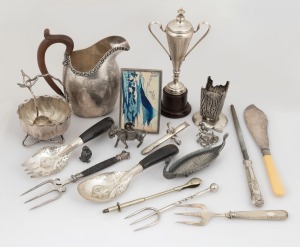 Sterling silver picture frame; together with a vintage silver candle holder and a selection of silver plated utensils, table ware, trophy and pewter ornaments, 19th/20th century, (qty), the largest 26cm high.