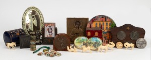 Sporting badges, horse racing fob, religious plaques, advertising ware, carved ivory ornaments, enamel plaque (after Lowry) etc., (qty).