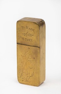 A Georgian brass pocket smoker's companion engraved with ownership details "P. NASH. STOKE", 18th/19th century, 13cm high.