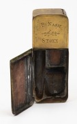 A Georgian brass pocket smoker's companion engraved with ownership details "P. NASH. STOKE", 18th/19th century, ​​​​​​​13cm high. - 2