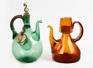 Two vintage Italian coloured glass wine jugs, 20th century, the larger 39cm high.