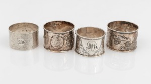 125 · A pair of Chinese export silver napkin rings with repousse dragon decoration, together with two antique English sterling silver napkin rings 19th/20th century, (4 items), ​​​​​​​99 grams total.