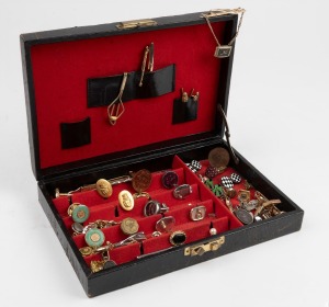 Jewellery box of assorted cufflinks, studs, tie clips etc., including some gold, (qty).