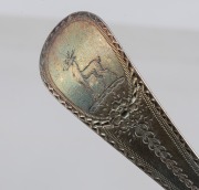 An antique sterling silver tablespoon and ladle with feather-edged decoration, 19th century, (2 items), 18cm and 21cm long, 98 grams total. - 4