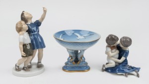 BING & GRONDAHL Danish porcelain comport and two figural statues, 20th century, (3 items), factory marks to base, the largest 19cm high.