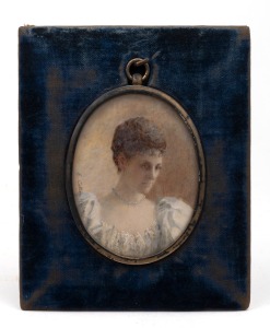 An antique miniature portrait of a lady, painted on ivory, signed lower left "E. Cotton Haia 1896", housed in original a blue velvet easel frame, ​​​​​​​12 x 10cm overall.