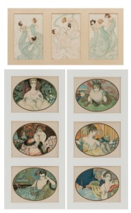 Three framed French Art Nouveau postcard displays, the cards early 20th century, ​​​​​​​the largest frame 42 x 60cm overall.
