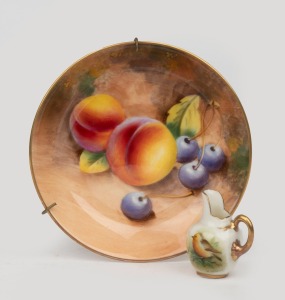 ROYAL WORCESTER English porcelain dish with hand-painted fruit decoration, together with a ROYAL WORCESTER miniature porcelain jug, 20th century, (2 items), factory mark to base, the dish 10cm diameter.