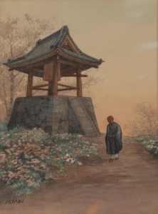 M. KANO, (Japanese monk and bell tower), watercolour, signed lower left "M. Kano", ​​​​​​​30 x 22cm, 51 x 41cm overall.
