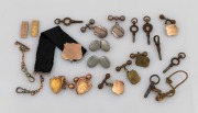 A pair of 9ct gold antique cufflinks, 9ct gold parts, silver cufflinks, antique pocket watch keys, etc, 19th and 20th century, ​​​​​​​gold weight 9.4 grams total.