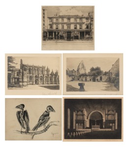 Five assorted artworks, including four drypoint etchings (one by Sydney George Ure-Smith), plus a pen sketch of two birds signed "Jeff", ​​​​​​​the largest 42 x 52cm overall.