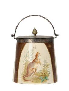 BISCUIT BARREL: Cylindrical porcelain tapering form decorated with 3 panels showing kangaroos, mounted in silver plate with swing handle, c1880s. 15cm