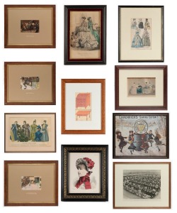 Eleven assorted antique and vintage framed prints including some attractive antique French fashion plates, 19th/20th century, ​​​​​​​the largest 55 x 45cm overall.