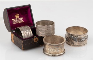 Four antique silver napkin rings, including a Chinese export silver dragon example, and a boxed pair retailed by Mappin & Webb, 19th century, 100 grams total.