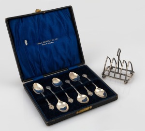 88 · A boxed set of six sterling silver teaspoons, together with a sterling silver toast rack, 19th/20th century, the toast rack 7cm wide, 80 grams total.