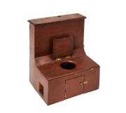 Miniature Salesman's Sample: "Sanitary Closet" (toilet) with original advertising for T.Headen & Son, 34 Queen street Melbourne. Housed in original leather case, circa late 19th century. Height 26cm, width 21cm, depth 17cm RARE