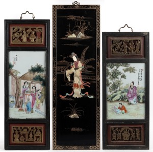 Three vintage Chinese panels including two hand-painted porcelain examples, 20th century, the largest 92 x 30cm overall.
