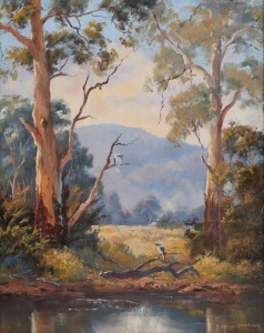 JANETTE GEORGE-SHAMBROOK, (kookaburras in landscape), oil on canvas board, signed lower right "J. George-Shambrook", 50 x 40cm, 68 x 58cm overall.