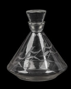 ROYAL BRIERLEY English crystal decanter with engraved rowing figures, designed by DEANNE MEANLEY, 20cm high.