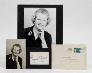 MARGARET THATCHER (1925-2013): Prime Minister of the United Kingdom 1979-1990, signature on portrait photograph, 30 x 21cm overall, together with small loose portrait photograph with signature verso. (2 items)