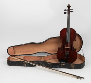 An antique French violin and bow in case bearing paper label "Michel-Ange Garini", circa 1900, 60cm long overall.