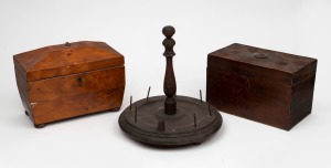 Two antique tea caddies and an antique cotton reel stand, 19th/20th century, (3 items), ​​​​​​​the stand 23cm high.