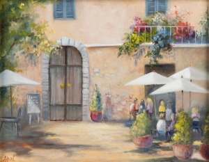 ARTIST UNKNOWN, (courtyard scene), oil on board, signed lower right "Apel", ​​​​​​​34 x 44cm, 52 x 62cm overall.
