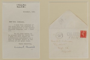 WINSTON CHURCHILL (British Prime Minister), strong signature on Prime Ministerial letterhead, single page typed letter dated 1951 with envelope, framed together as a single display, 32 x 41cm overall.