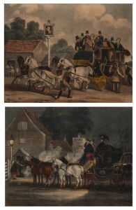 A pair of antique hand-coloured engravings of coaching scenes, I.) Hold Hard!, II.) The Sleepy Gatekeeper, 21 x 27cm, 36 x 41cm each overall.