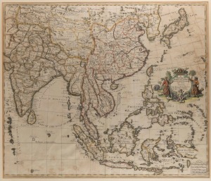 INDIA and CHINA antique map with hand-coloured embellishment, with dedication "The Honourable The Directors Of The EAST INDIA COMPANY", printed in London in 1806 after the original by John Senex in 1721, ​​​​​​​69 x 78cm overall.