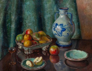 ARTIST UNKNOWN, still life with fruit, oil on board, signed lower right (illegible), 56 x 71cm, 68 x 83cm overall.