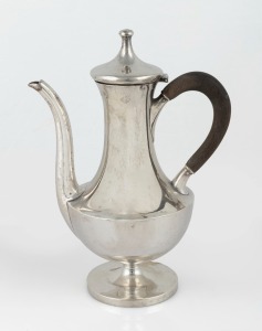 An antique American silver coffee pot with ebonized timber handle, by Rand & Crane, 20th century, 21cm high, 367 grams including handle.