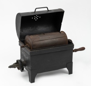 An antique casket top coffee roaster, 19th century, 23cm high, 40cm wide.