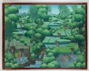 Group of three Balinese oil paintings, each signed and titled, the largest 70 x 88cm overall.