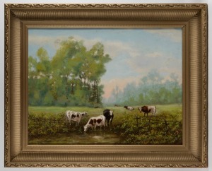 ARTIST UNKNOWN, (cattle in landscape), oil on board, signed lower right "Dunston(?)", ​​​​​​​50 x 64cm, 68 x 83cm overall.