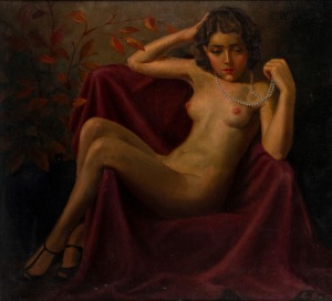 ARTIST UNKNOWN, (portrait of a nude with pearls), oil on canvas, signed lower right "G. B., '15", ​​​​​​​56 x 62cm, 70 x 76cm overall.