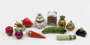 LIMOGES group of eleven assorted miniature French porcelain and enamel jewellery and perfume boxes, all with gilt metal mounts, late 20th century, factory marks and inscriptions to bases, the largest 10.5cm wide.