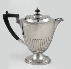 90 · An antique English sterling silver hot water pot with ebonized timber handle and finial, made in Sheffield, circa 1896, 22cm high, 475 grams total including handle and finial.